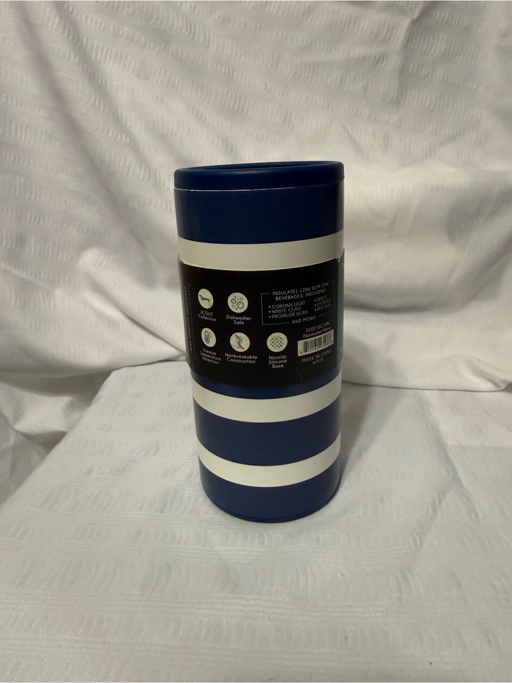 Swig x Scout Insulated 12oz Skinny Can Tumbler - Navy & White Stripes - Picture 2 of 4
